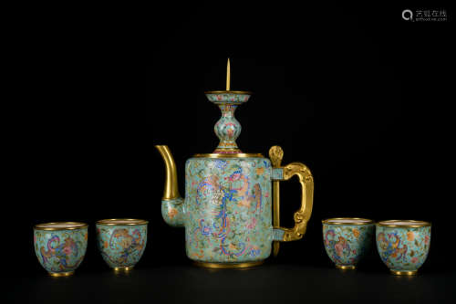 A set of enamel teapot and cup