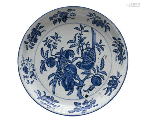 A blue and white ' parrot' dish