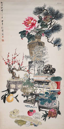 A Kong xiaoyu's painting: floral decoration on buddhist alta...