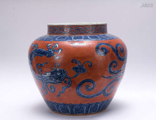 A blue and white allite red glazed 'dragon' jar