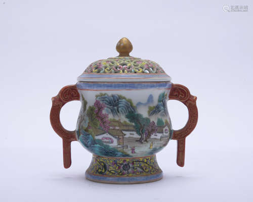 A famille-rose 'landscape' censer