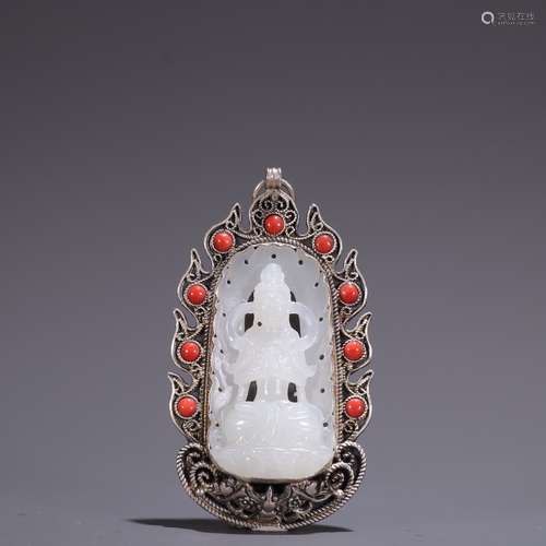 A Pure Silver Inlaid Hetian Jade Avalokitesvara Pendant