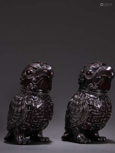 A Pair of Rosewood Ruyi Birds Ornaments