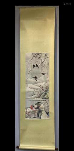 A Vertical-hanging Birds Chinese Ink Painting by Jin Cheng