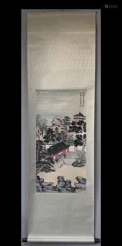 A Vertical-hanging Landscape and Pavilion Chinese Ink Painti...