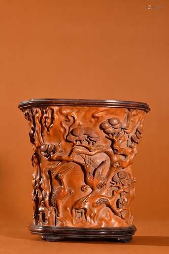 A Boxwood Brush Pot 'Crane Brings Longevity'