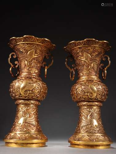 A Pair of Gilt Bronze 'Crane and Luck Cloud' Designed Vases