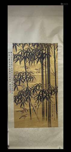 A Vertical-hanging Bamboo Chinese Ink Painting co-created by...