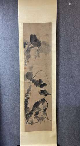 A Vertical-hanging Lotus Chinese Ink Painting by Zhu Da