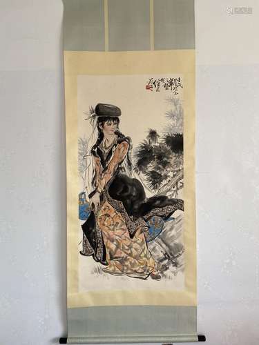 A Vertical-hanging Character Chinese Ink Painting by Liu Jiy...