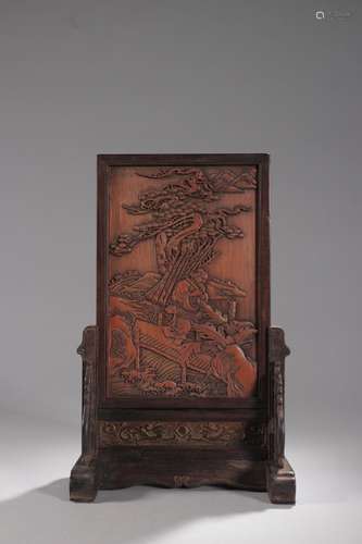 A Bamboo Scrulpture Inlaid with Mahogany Figure Screen