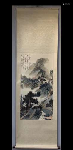 A Vertical-hanging Landscape and Pavilion Chinese Ink Painti...