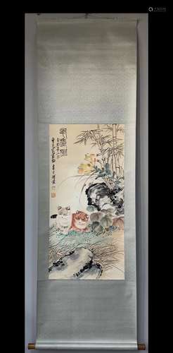 A Vertical-hanging Cat Chinese Ink Painting Co-created by Ca...