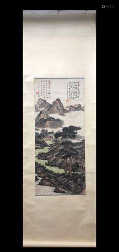 A Vertical-hanging Landscape and Pavilion Chinese Ink Painti...