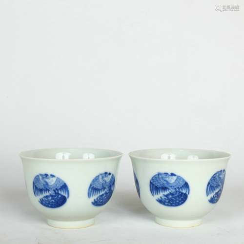 Blue and White Phoenix Pattern Cups