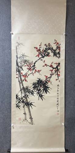 A Vertical-hanging Bamboos Chinese Ink Painting by Guan Shan...