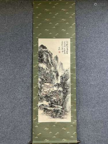 A Vertical-hanging Landscape and Pavilion Chinese Ink Painti...