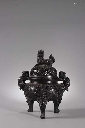 A Rosewood Auspicious Beast Handle Incense Burner