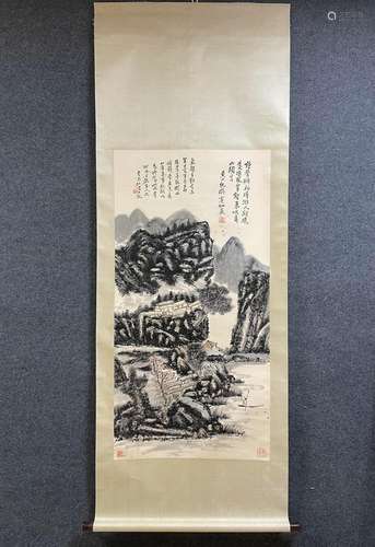 A Vertical-hanging Landscape and Pavilion Chinese Ink Painti...