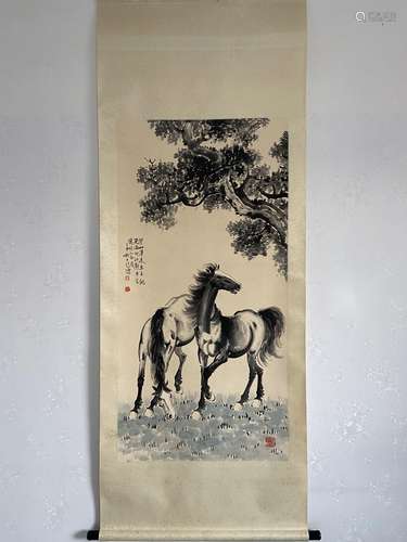 A Vertical-hanging Horses Chinese Ink Painting by Xv Beihong