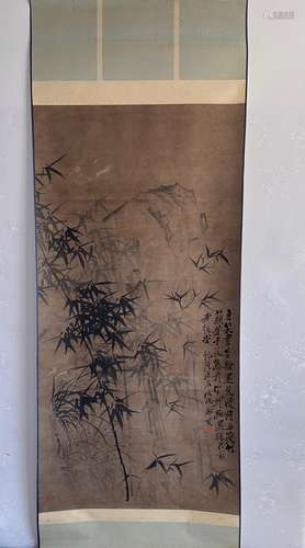 A Vertical-hanging Bamboo Bird Chinese Ink Painting by Zheng...