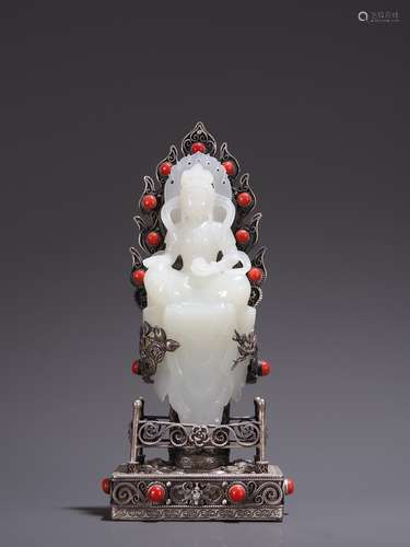 A Hetian Jade Boulder Avalokitesvara with Sterling Siver Set...