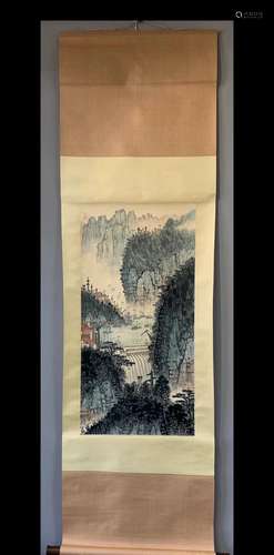 A Vertical-hanging Landscape and Pavilion Chinese Ink Painti...