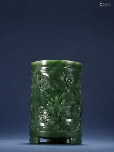 A Hetian Green Jade Character Story Brush Pot