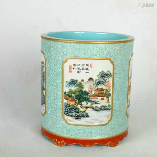 An Enamel Landscape Brush Pot