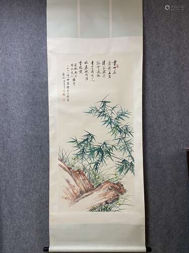 A Vertical-hanging Bamboo Chinese Ink Painting by Qi Gong