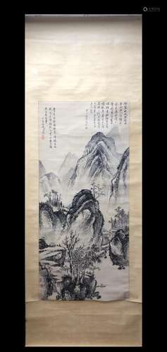 A Vertical-hanging Landscape and Pavilion Chinese Ink Painti...