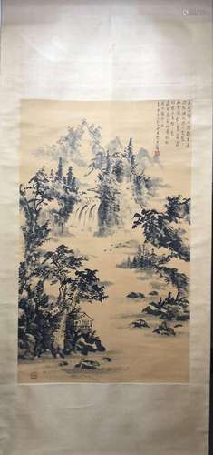 A Vertical-hanging Landscape and Pavilion Chinese Ink Painti...