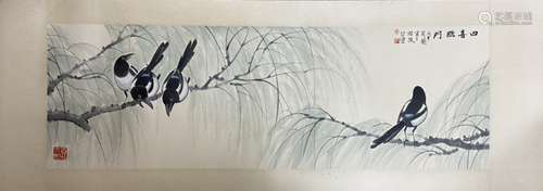 A Mounting  Four-magpies Chinese Ink Painting by Xv Beihong