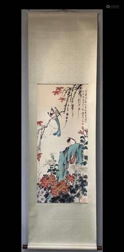 A Vertical-hanging Bird-and-flower Chinese Ink Painting by Q...