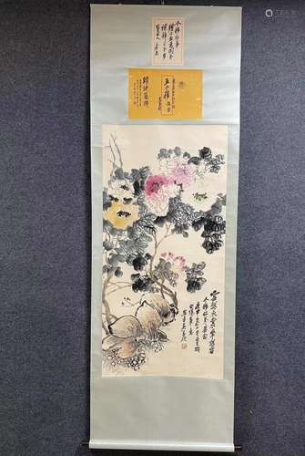 A Vertical-hanging FLowers Chinese Ink Painting by Wu Changs...