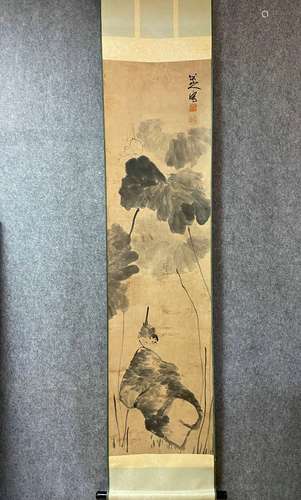 A Vertical-hanging Lotus Chinese Ink Painting by Zhu Da