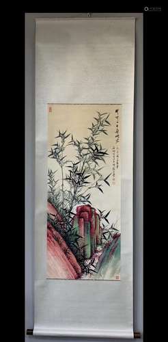 A Vertical-hanging Bamboo Chinese Ink Painting by Qi Gong