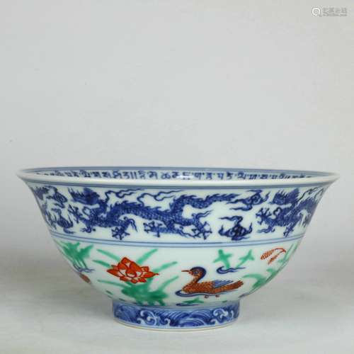 A Blue and White Colorful Dragon and Mandarin Duck Pattern B...