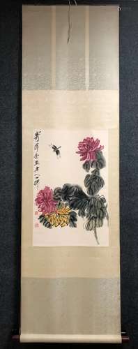 A Vertical-hanging Flowers Chinese Ink Painting by Qi Baishi