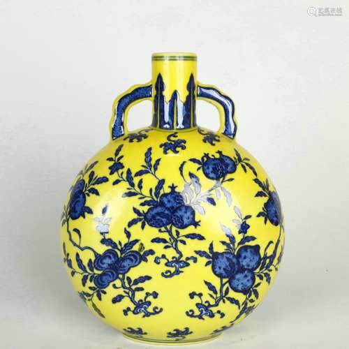 A Lemon Yellow Blue and White Flowers Flat Bottle