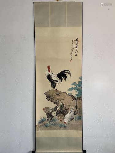 A Vertical-hanging Rooster Chinese Ink Painting by Xv Beihon...