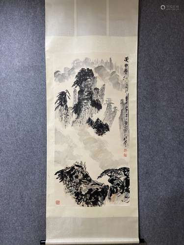 A Vertical-hanging Landscape Chinese Ink Painting by Qin Lin...