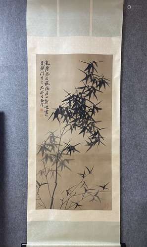 A Vertical-hanging Bamboo Bird Chinese Ink Painting by Zheng...