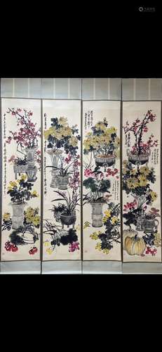 Flower Screen of Four Pieces by Wu Changshuo