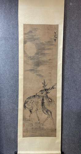 A Vertical-hanging Deer Chinese Ink Painting by Zhu Da