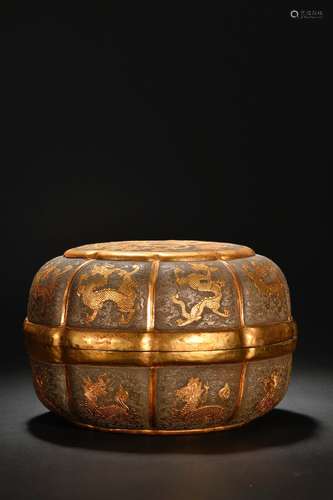 A Copper Guilt Silver Dragon Pattern Box with Lid   The Chin...