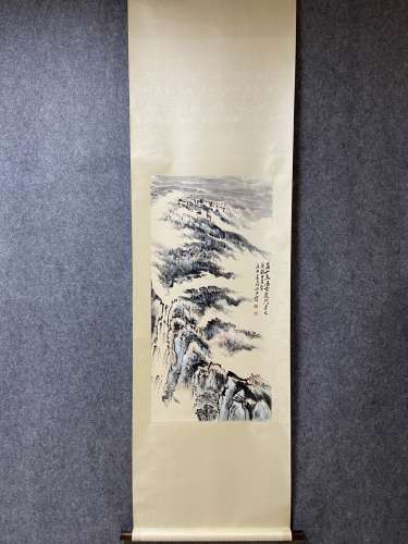 A Vertical-Hanging Landscape Chinese Ink Painting by Lu Yans...