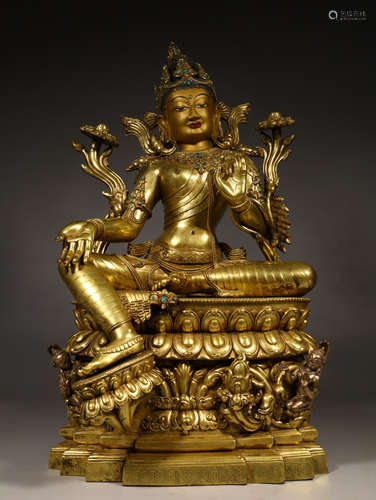 A  Gilt Bronze Inlaid with Emerald Tara Statue  Chinese Qing...