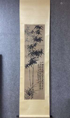 A Vertical-Hanging Bamboo Chinese Ink Painting by Zheng Banq...