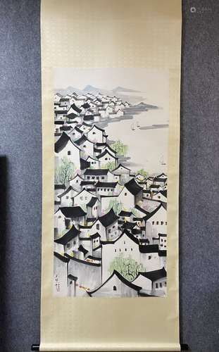 A Vertical-hanging Village Chinese Ink Painting  by Wu Guanz...